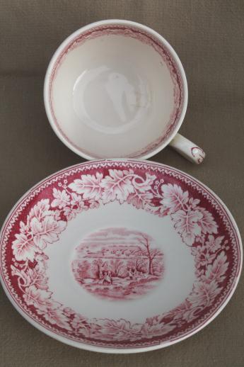 vintage Homer Laughlin red transferware Currier & Ives View of New York cups & saucers