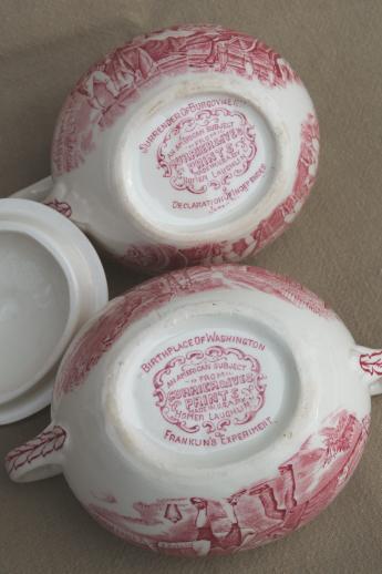 vintage Homer Laughlin red transferware Currier & Ives cream pitcher & sugar bowl