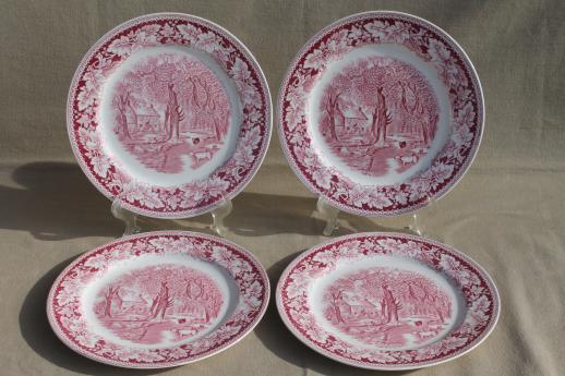 vintage Homer Laughlin red transferware china dinner plates Currier & Ives Home Sweet Home