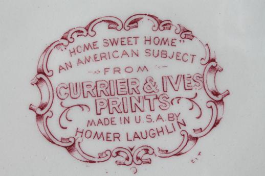 vintage Homer Laughlin red transferware china dinner plates Currier & Ives Home Sweet Home