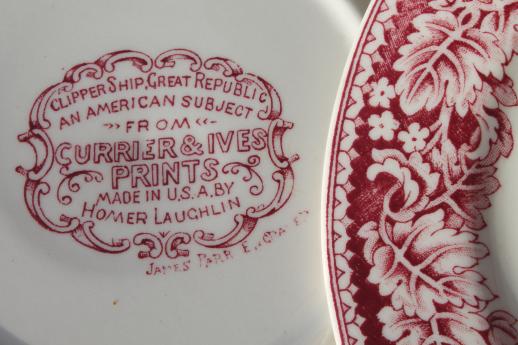 vintage Homer Laughlin red transferware china plates Currier & Ives Clipper Ship