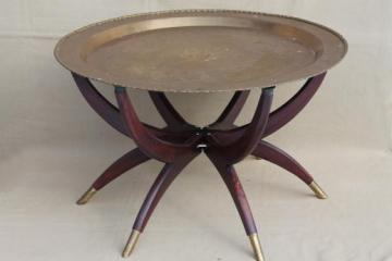 vintage Hong Kong brass tray table, folding wood stand w/ removable round brass tray top