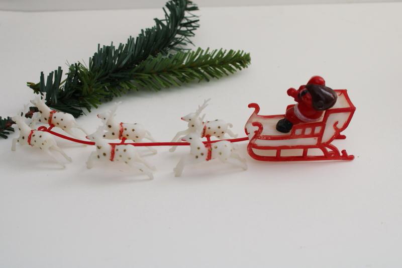vintage Hong Kong plastic cake topper, Christmas Santa sleigh & reindeer