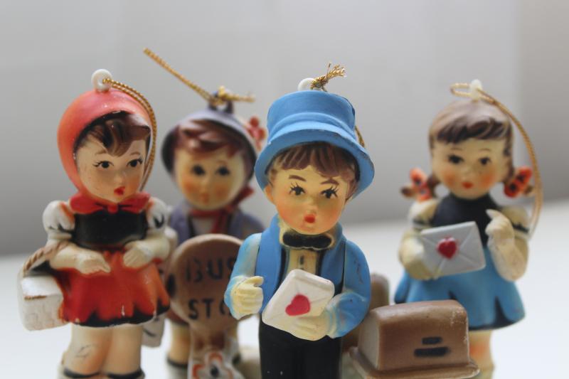 vintage Hong Kong plastic figurines, Hummels Valentine children, bus stop girl & boy