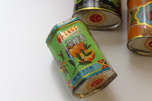 vintage Hong Kong tea tins w/ colorful graphics, orange, vanilla, spice boxes