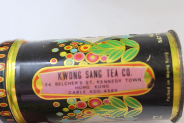 vintage Hong Kong tea tins w/ colorful graphics, orange, vanilla, spice boxes