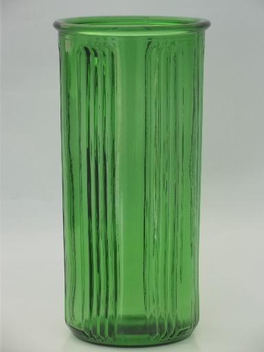 vintage Hoosier glass canister or vase, tall ribbed green glass jar