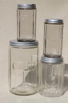 vintage Hoosier jars, depression glass kitchen canisters for coffee, tea, spice jar S&P shakers
