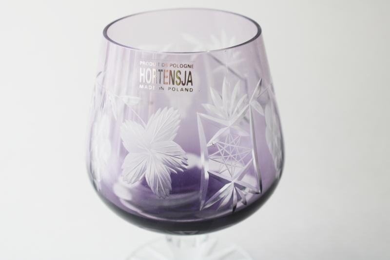 vintage Hortensia amethyst cut to clear brandy glass, Hortensja Poland label
