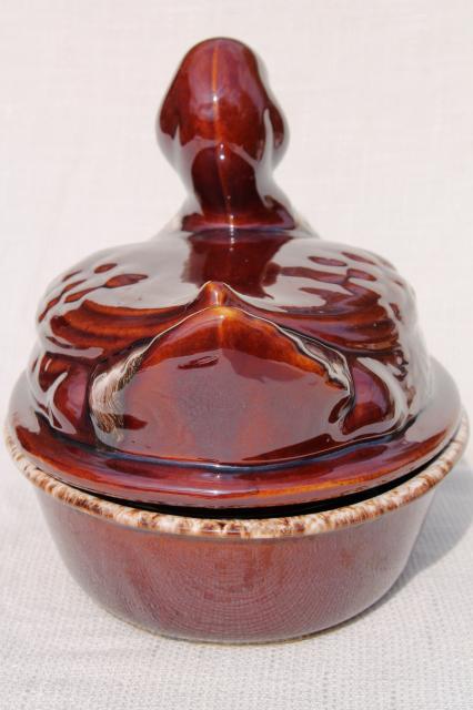 vintage Hull brown drip pottery - covered casserole dish w/ duck cover