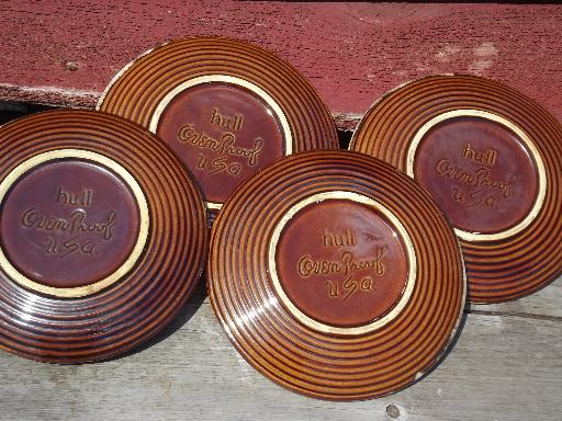 vintage Hull mirror brown drip pottery, oven proof plates set of 4