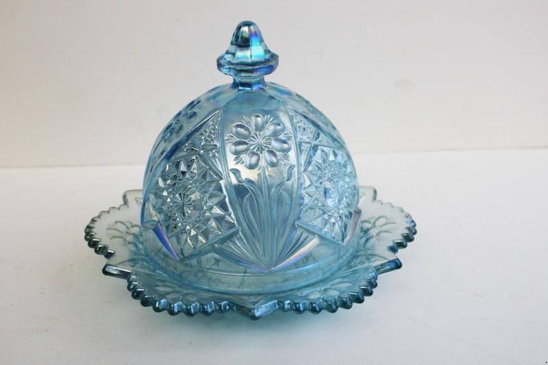 vintage Imperial horizon blue (ice blue) carnival glass round covered butter dish w/ flower