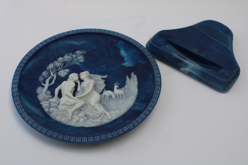 vintage Incolay blue marbled stone collector's plate w/ stand, Isle of Circe