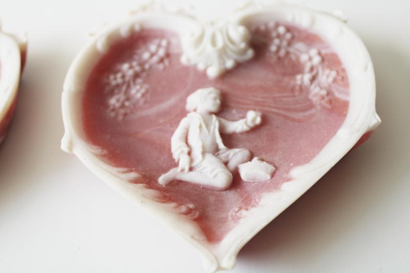 vintage Incolay hearts wall hanging plaques, pink & white marble w/ boy & girl