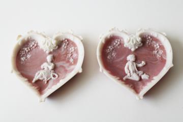 vintage Incolay hearts wall hanging plaques, pink & white marble w/ boy & girl