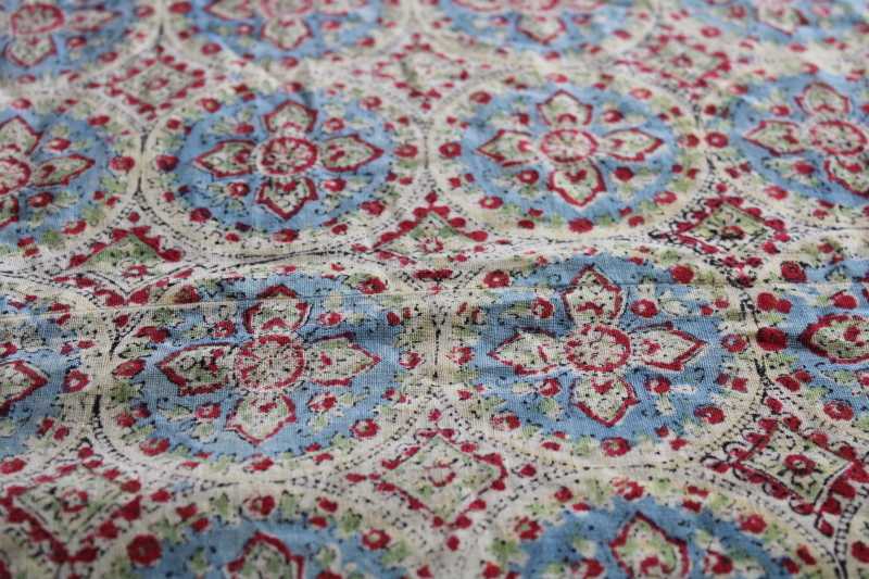 vintage India block print cotton fabric tablecloth, bed cover, wall