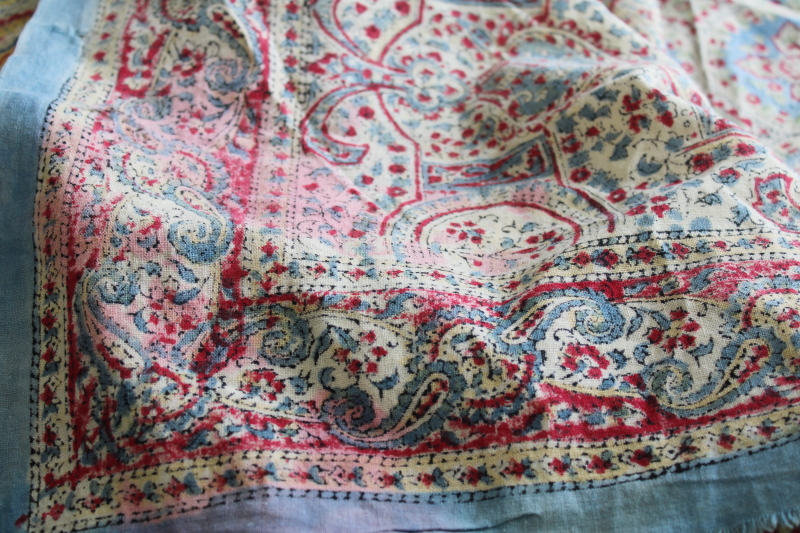 vintage India block print cotton fabric tablecloth, bed cover, wall