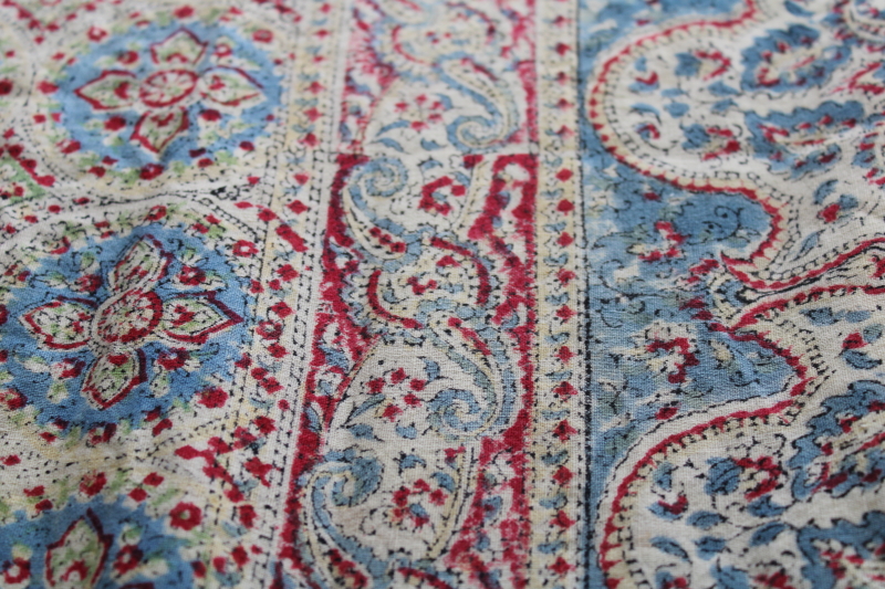 vintage India block print cotton fabric tablecloth, bed cover, wall