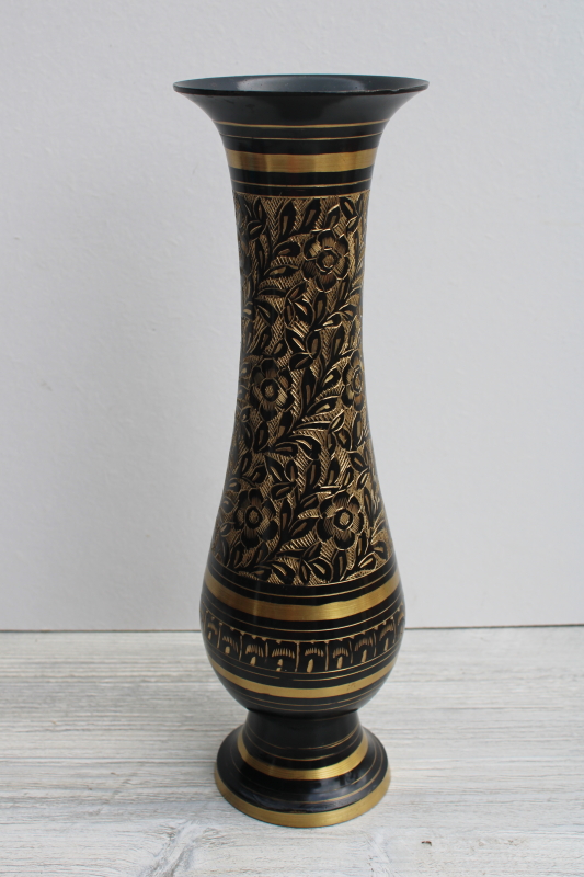 vintage India brass vase, black enamel w/ etched floral retro