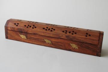 vintage India carved wood box w/ inlay brass elephants, joss sticks incense box  