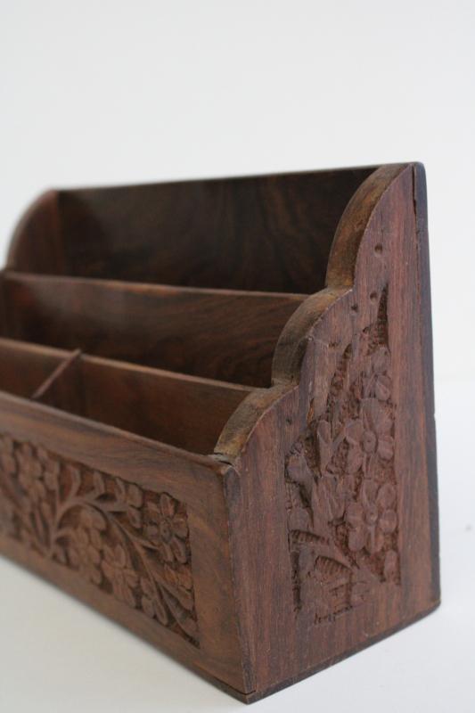 vintage India carved wood desk box mail holder letter paper organizer