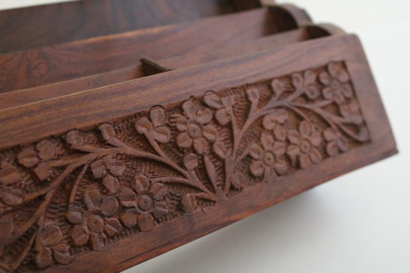 vintage India carved wood desk box mail holder letter paper organizer