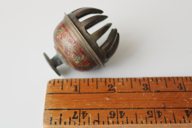 vintage India elephant claw bell, solid brass w/ etched colored enamel