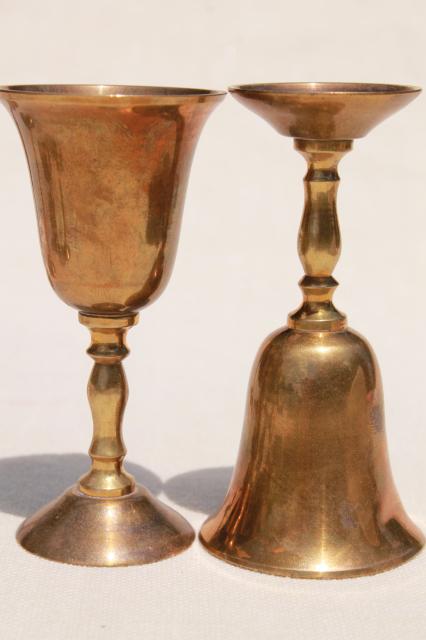 vintage Indian brass tray & set of tiny goblet wine glasses, solid brass