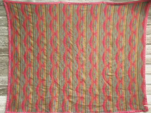 vintage Indian style camp blanket, wool / rayon with cotton binding