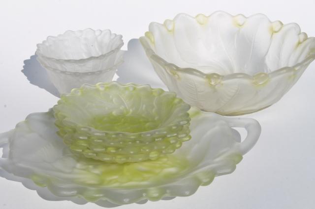 vintage Indiana Wild Rose pattern glass tray, bowls - yellow lime green frosted glass