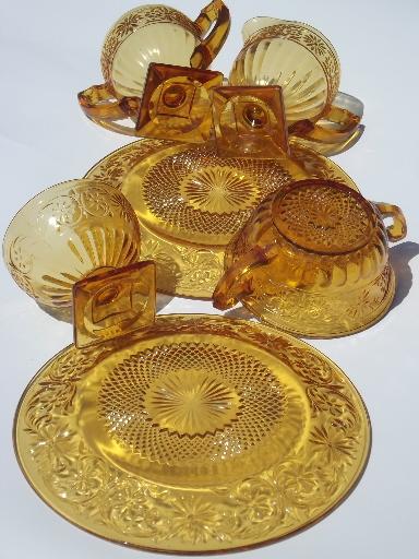 vintage Indiana amber daisy depression glass plates, cream soup, cream & sugar