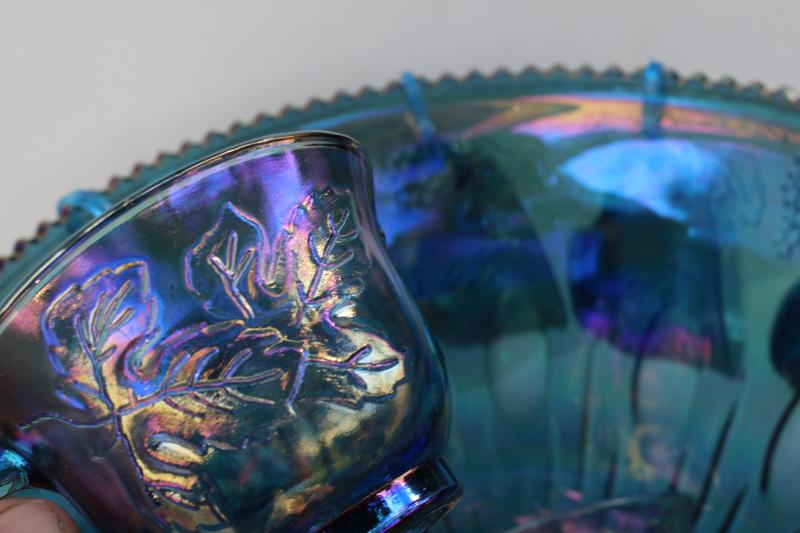 vintage Indiana blue carnival glass punch set, harvest grapes pattern pressed glass