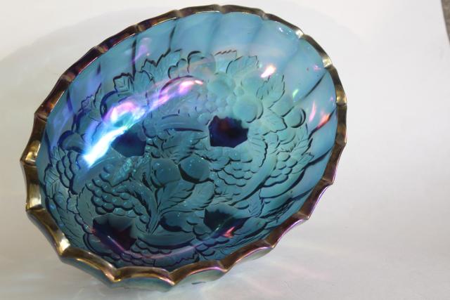 vintage Indiana blue luster carnival glass, fruit garland pattern oval bowl