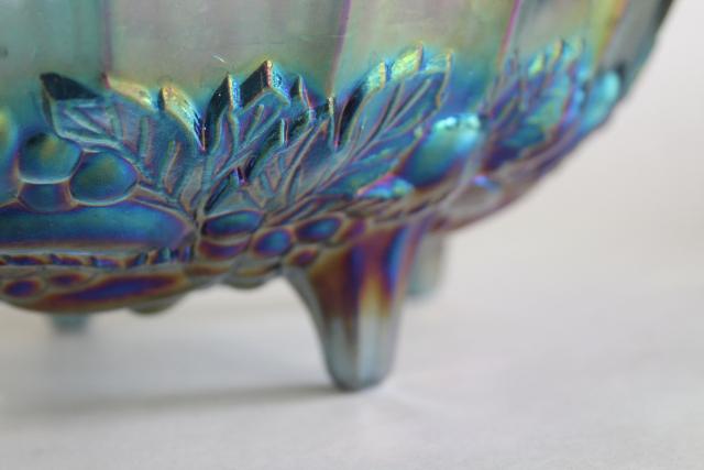 vintage Indiana blue luster carnival glass, fruit garland pattern oval bowl