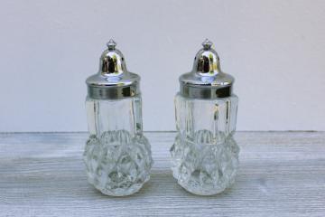 vintage Indiana diamond point crystal clear glass S&P shakers w/ chrome plastic lids