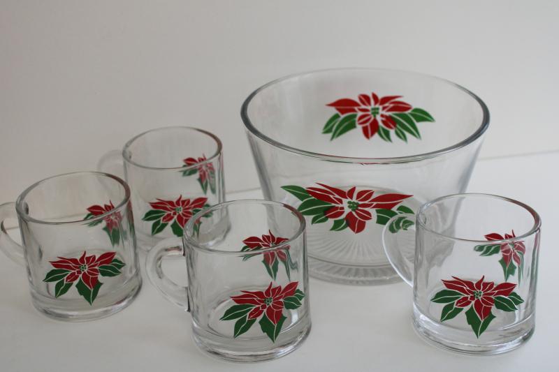 vintage Indiana glass Christmas poinsettia snack bowl & cocoa mugs, or punch set
