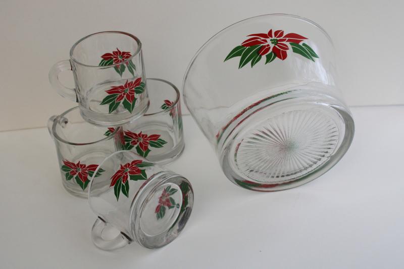 vintage Indiana glass Christmas poinsettia snack bowl & cocoa mugs, or punch set