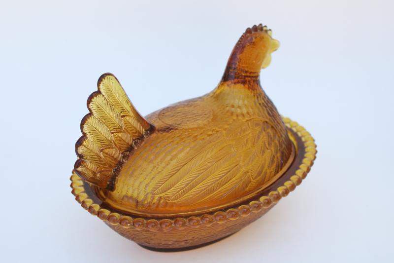 vintage Indiana glass amber hen on nest covered dish, collectible chicken farmhouse kitchen