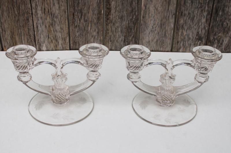 vintage Indiana glass block & rib pattern crystal clear double light candlesticks pair
