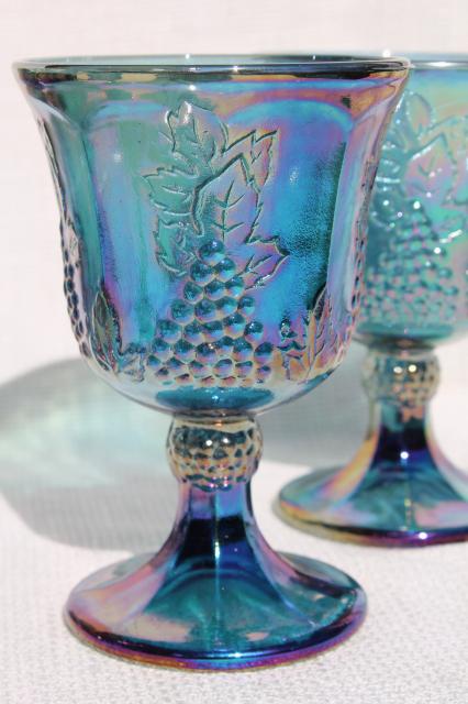 Indiana Glass Set of 3 Carnival Glass Water Wine Goblets Iridescent Leaves Grapes Clusters Amber Marigold Green Blue Carnival Glass