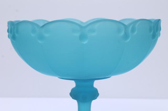 vintage Indiana glass blue mist frosted satin glass compote, tall fruit or flowers bowl
