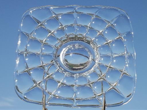 vintage Indiana glass cake stand, constellation square low plate w/ foot