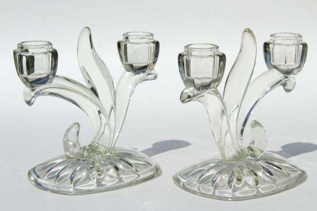 vintage Indiana glass candlesticks and bowl, willow / oleander pattern console set