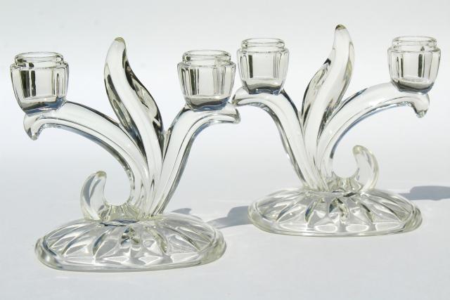 vintage Indiana glass candlesticks and bowl, willow / oleander pattern console set