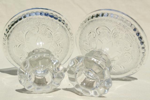 vintage Indiana glass candlesticks, crystal clear sandwich glass candle holders