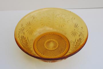 vintage Indiana glass daisy pattern round serving bowl, amber depression glass