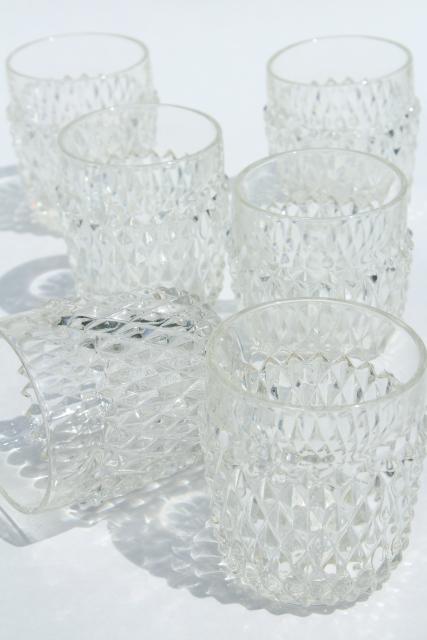 vintage Indiana glass diamond point pattern tumblers, old fashioned lowballs rocks glasses