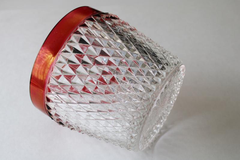 vintage Indiana glass ice bucket, ruby stain band diamond point pattern glass