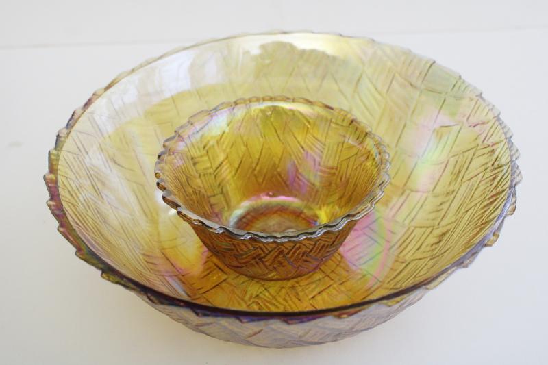 vintage Indiana glass marigold carnival luster glass basket weave pattern bowls
