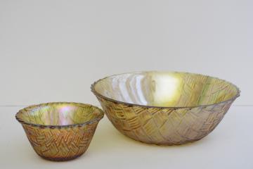 vintage Indiana glass marigold carnival luster glass basket weave pattern bowls